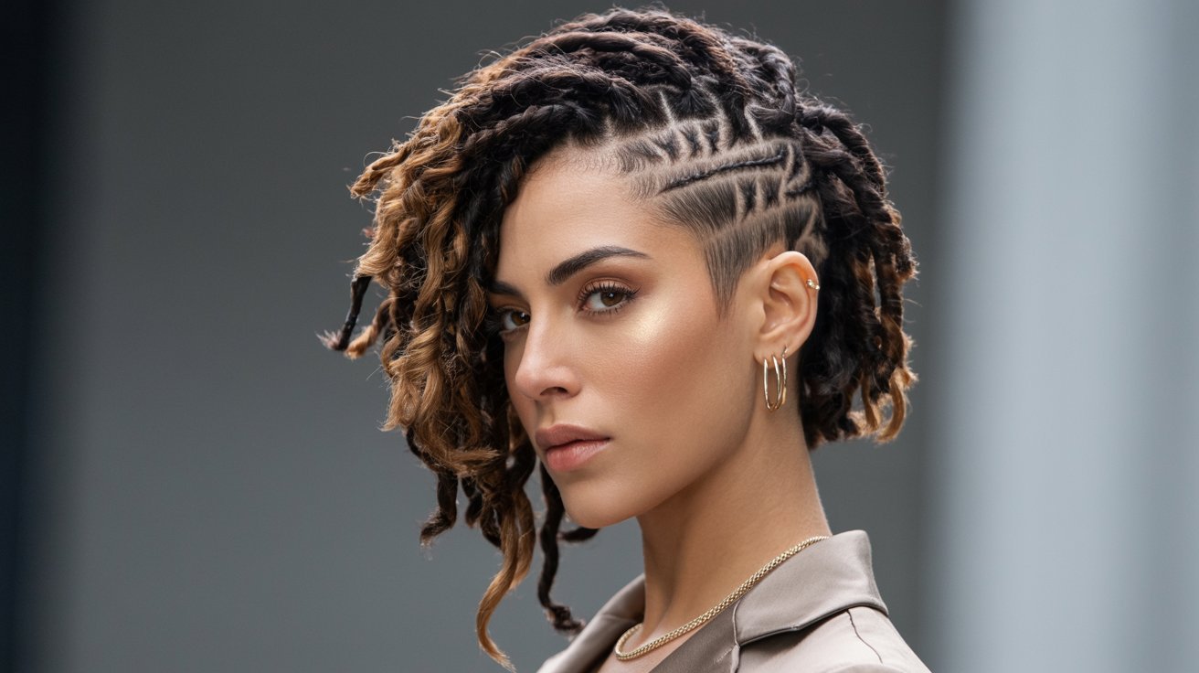 A woman with faux locs and an undercut, wearing a brown jacket, showcasing a stylish hairstyle.