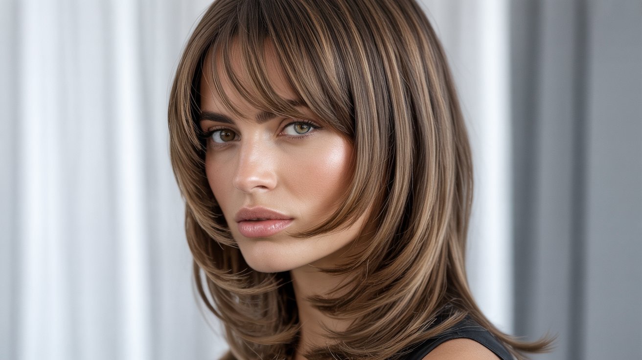 A woman with long, wavy ash brown hair styled in layers with curtain bangs.