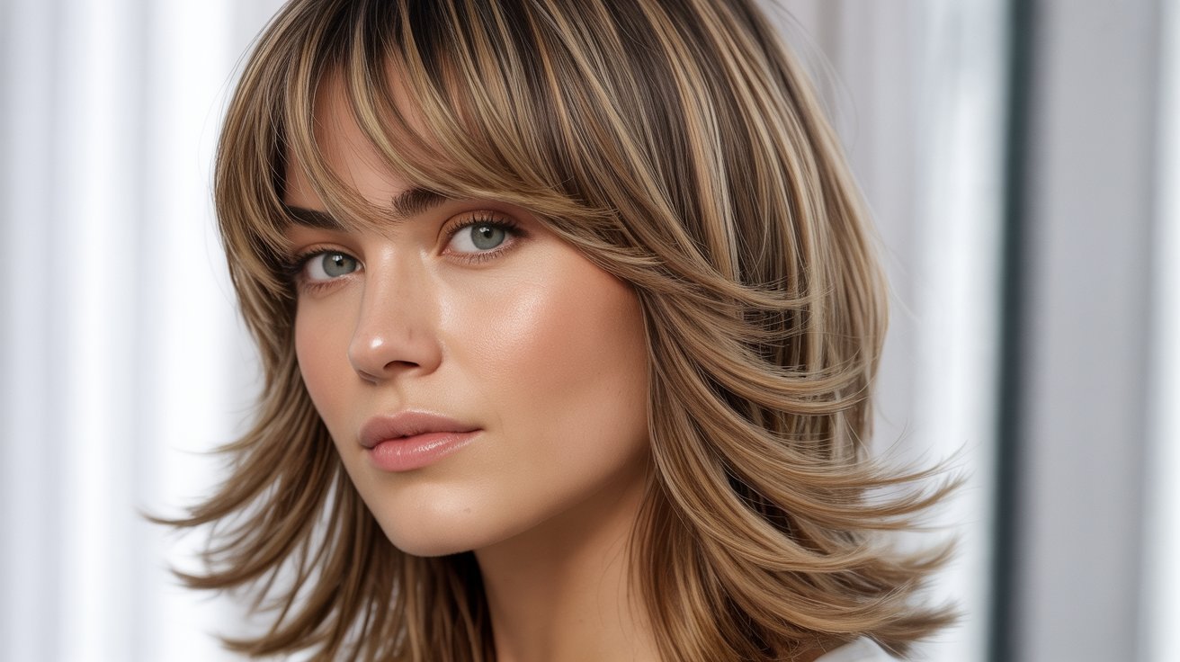 A woman with a long, layered bob haircut featuring soft, layered bangs, highlighting her facial features properly.
