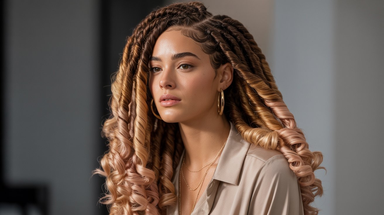 A woman with long, curly hair styled in ombre faux locs, showcasing a trendy hair ideas look.