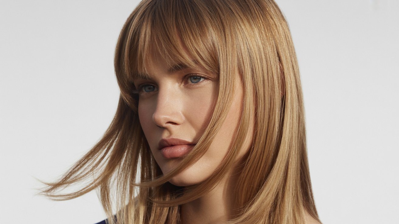 A Woman with Deep U-Cut Long Layers with Curtain Bangs
