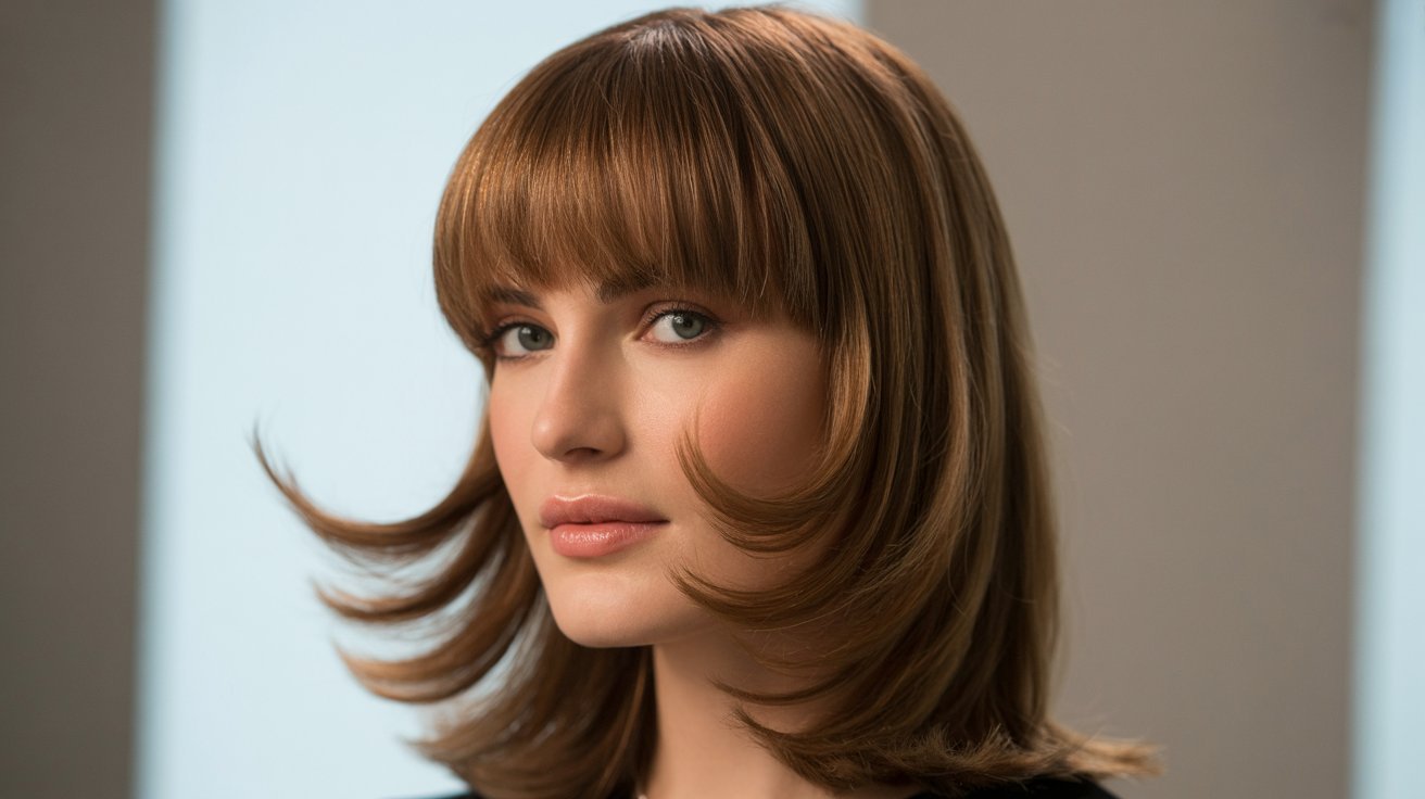 A woman with a short bob haircut featuring arched bangs, showcasing a stylish and modern look.
