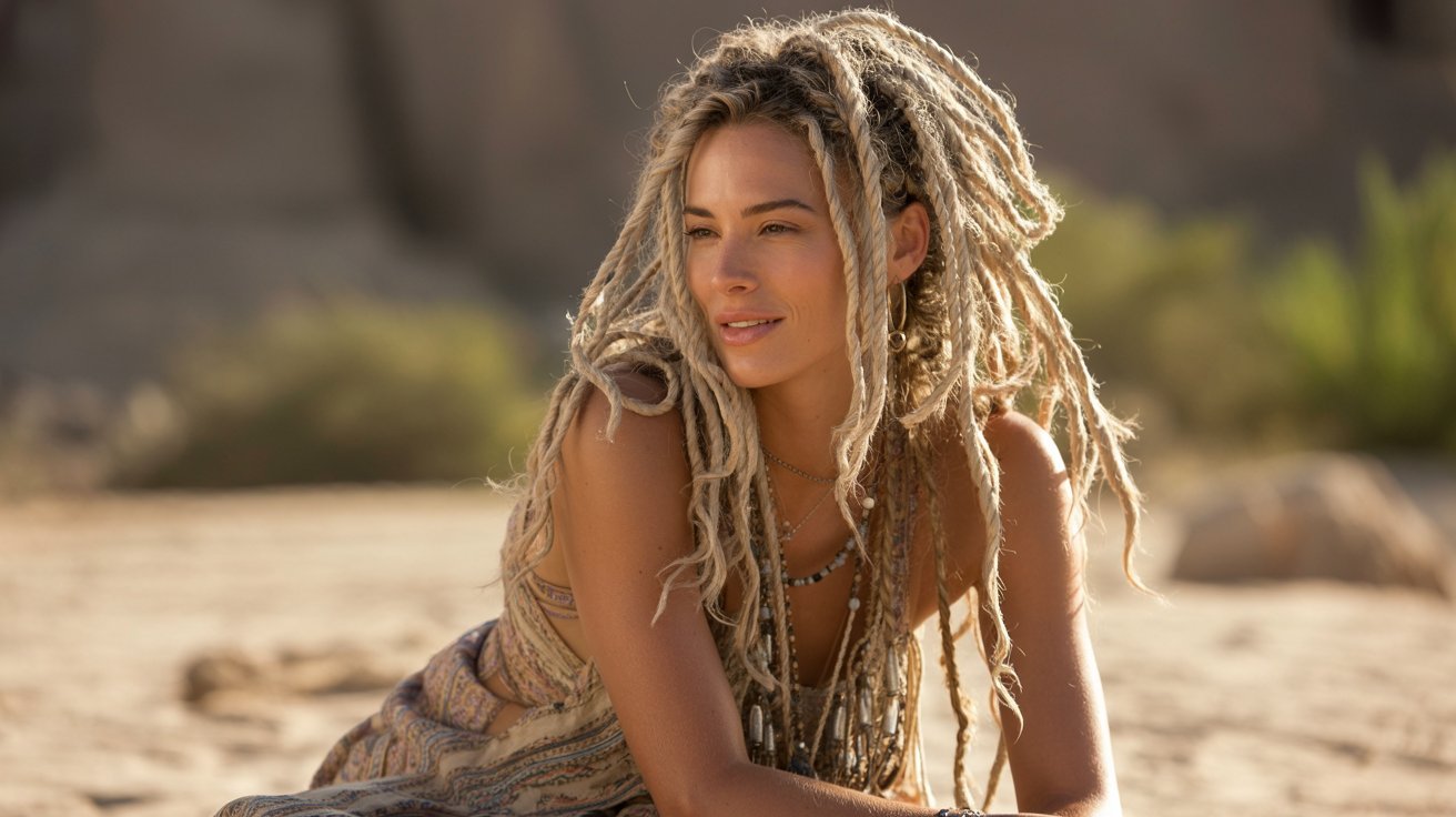 A beautiful woman with dreadlocks sits on the sand, showcasing her bohemian style and relaxed vibe.