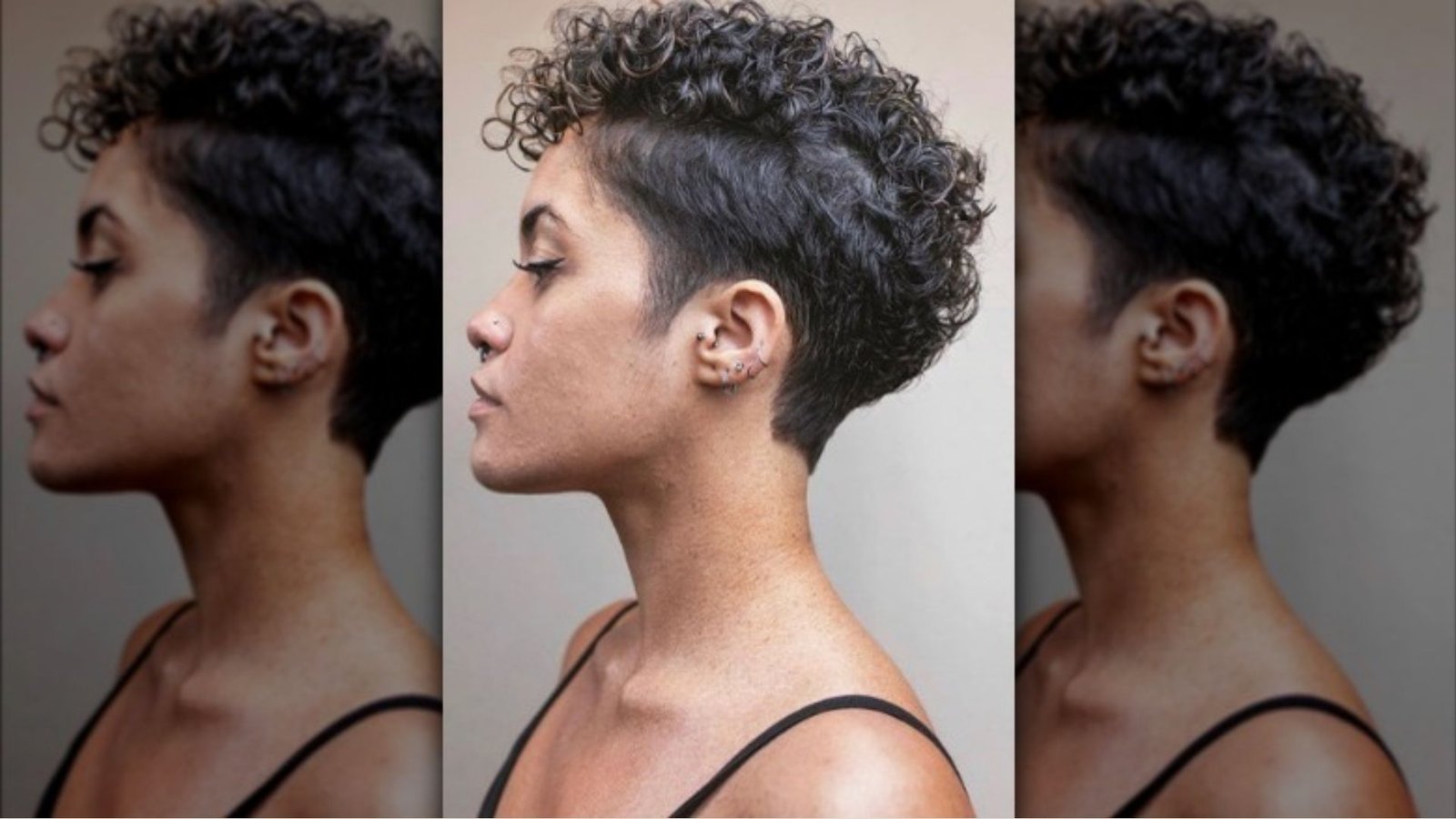 Triptych side profiles of a woman with a curly pixie undercut and tapered sides.
Tight natural curls on top create volume while the sides and nape are closely cropped.