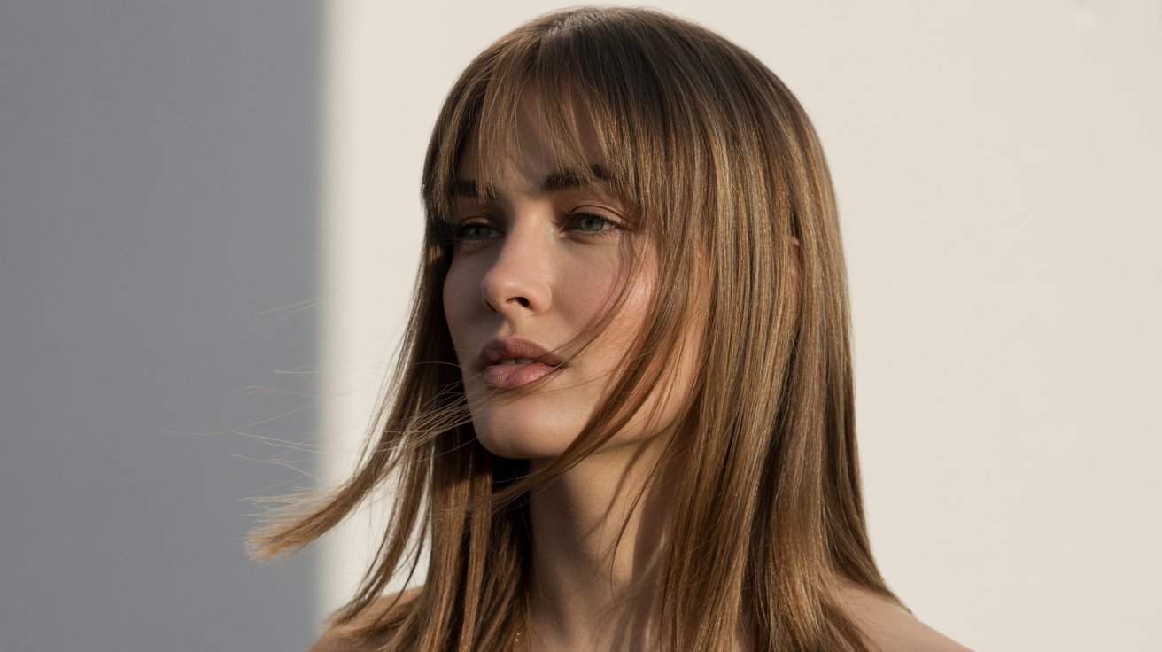 A woman with long brown hair styled in layers and curtain bangs, set against a plain white background.