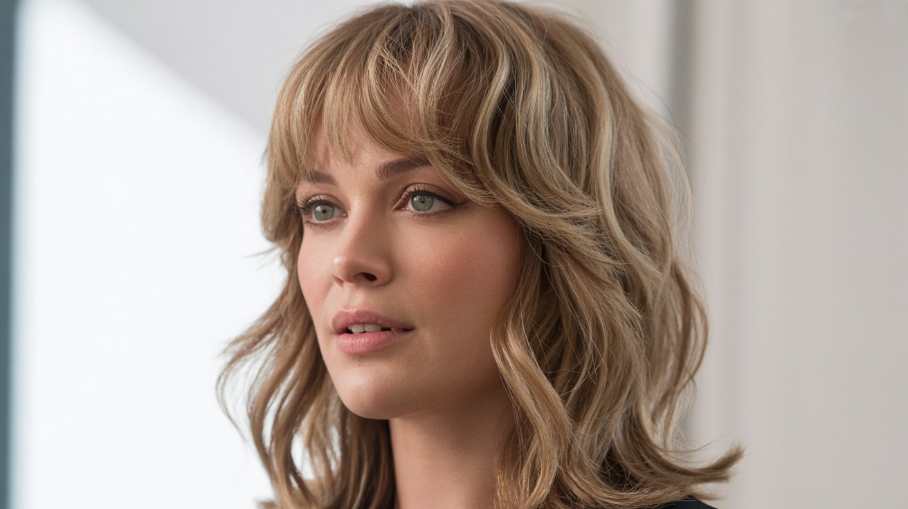A woman with blue eyes and a short haircut featuring wispy bangs, smiling softly at the viewer.
