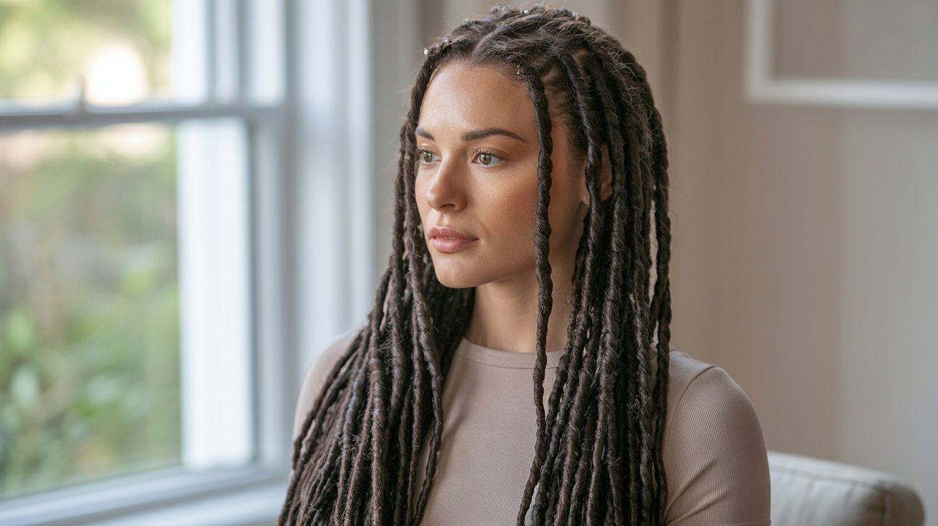 A woman with classic long faux locs sits gracefully in front of a window, showcasing her stylish hairstyle.