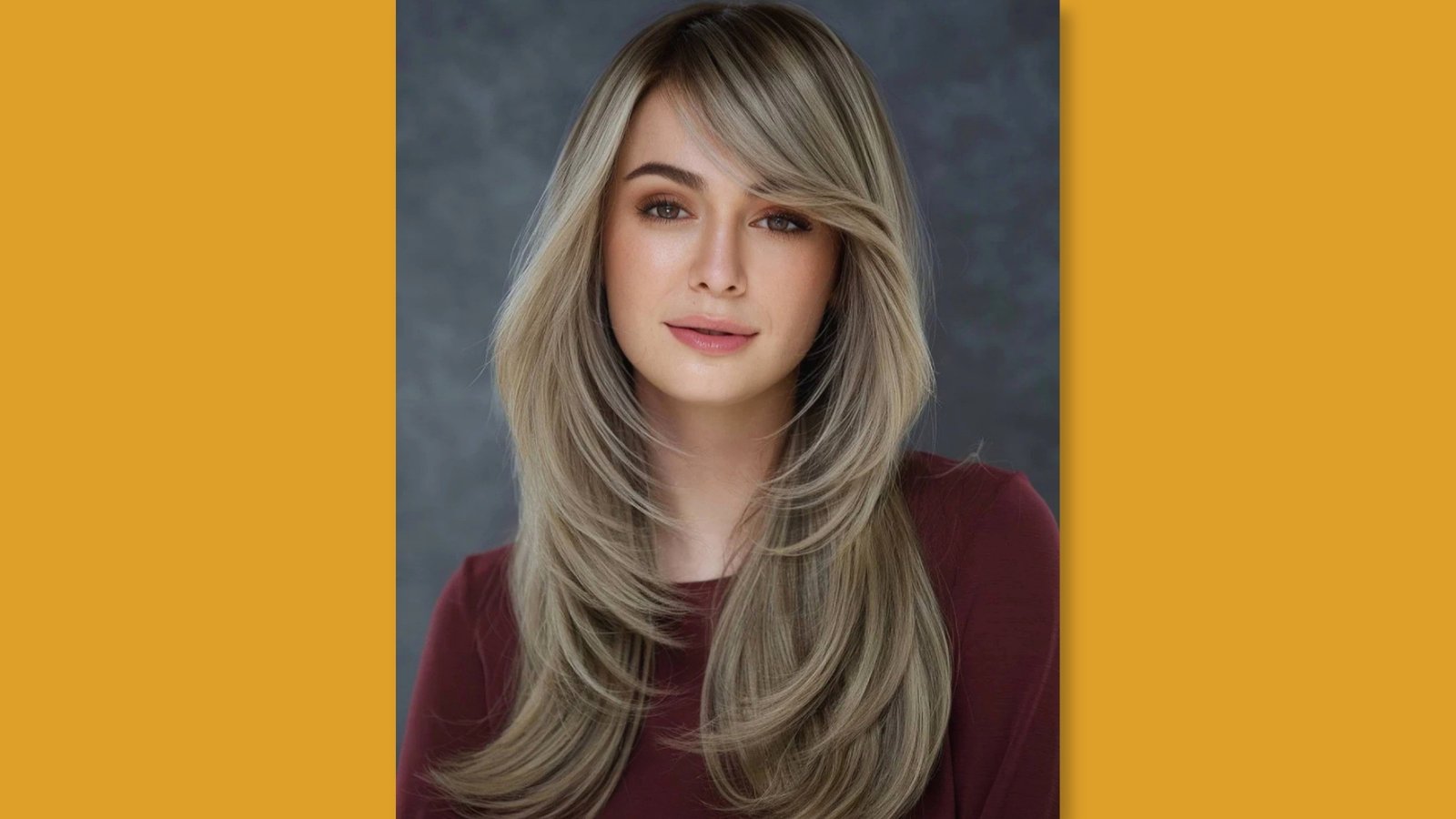 Low maintenance long layered haircut with side-swept bangs and face-framing layers on ash blonde hair for round face 
