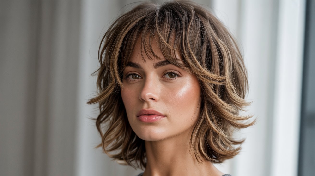 A woman with a short, wavy haircut featuring shaggy bangs, showcasing a trendy hairstyle for various face shapes.