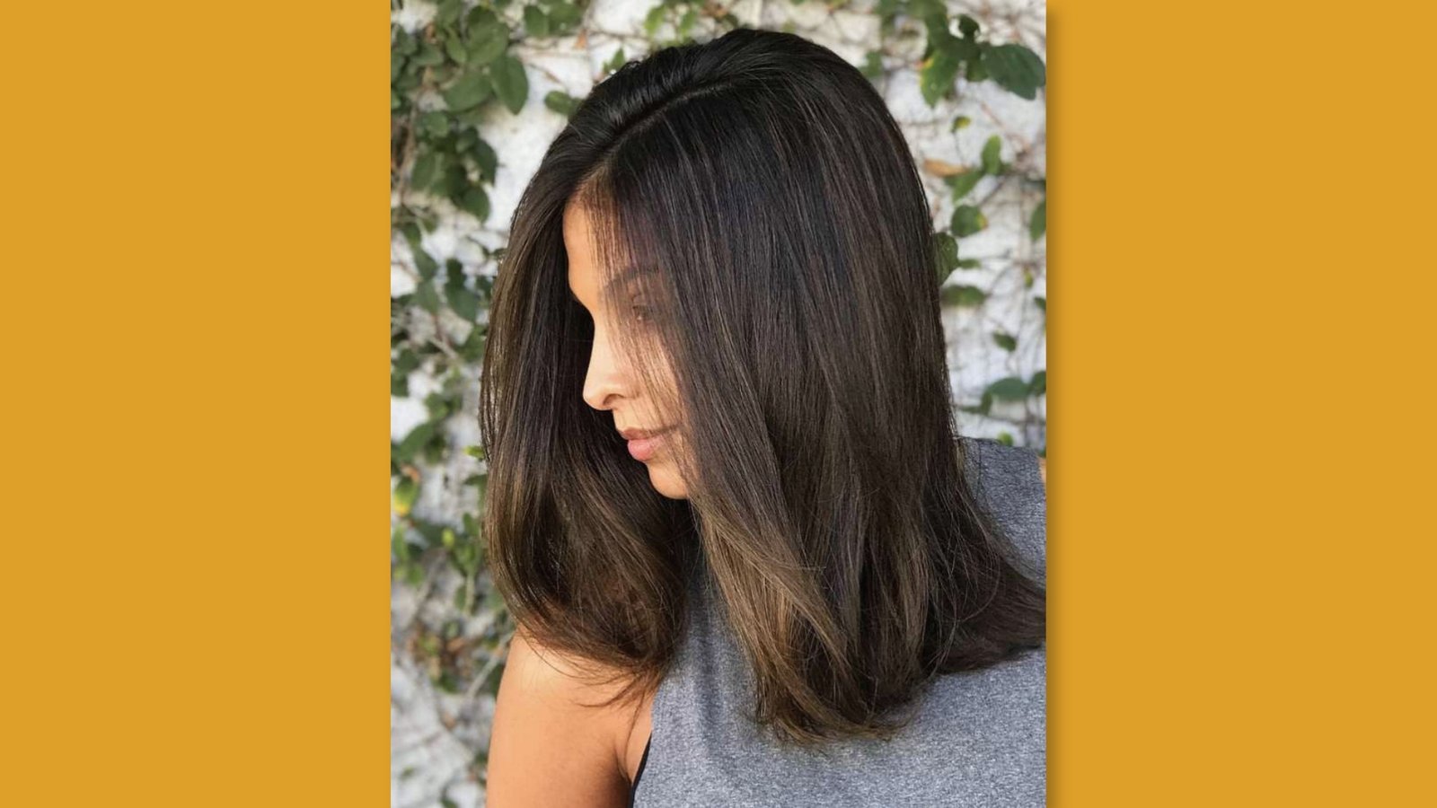 Low maintenance straight medium length haircut with smooth long layers and subtle face-framing highlights on dark brown hair for round face 
