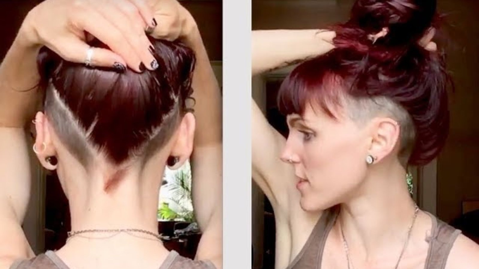 Split image of a woman with burgundy hair styled in a high bun with blunt bangs and undercut. Left shows back view with shaved nape, right shows side profile with buzzed temple undercut.