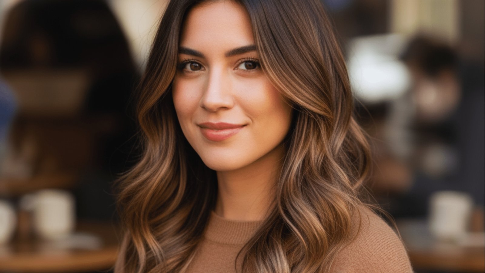 Low maintenance wavy medium length layered haircut with curtain bangs and dimensional caramel balayage highlights on brunette hair for round face 
