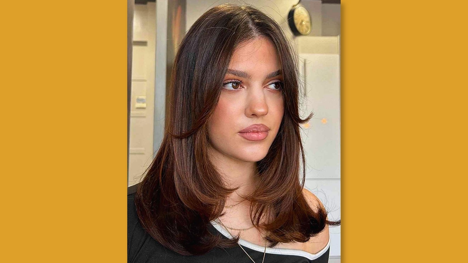 Low maintenance straight medium length haircut with soft curtain bangs and long face-framing layers on brunette hair for round face 