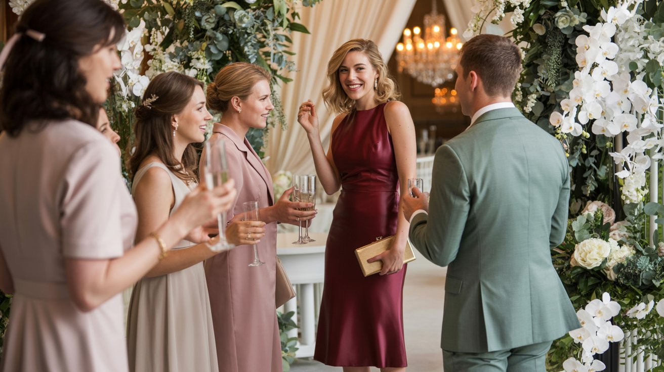 A group of elegantly dressed people joyfully conversing at a formal event; women in dresses and a man in a suit stand amid floral decorations and chandeliers.