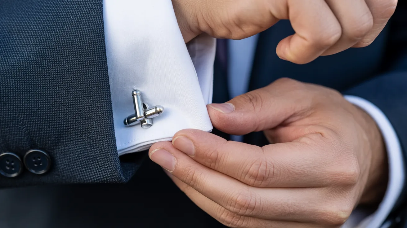 Close-up of hands holding a silver cufflink with toggle straight, positioned near neatly prepared cuff in soft light
