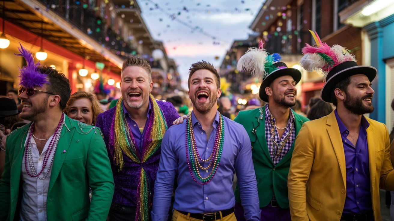 A group of men in vibrant Mardi Gras costumes, laughing and celebrating on a bustling street. Beads and feathers add to the joyful atmosphere.