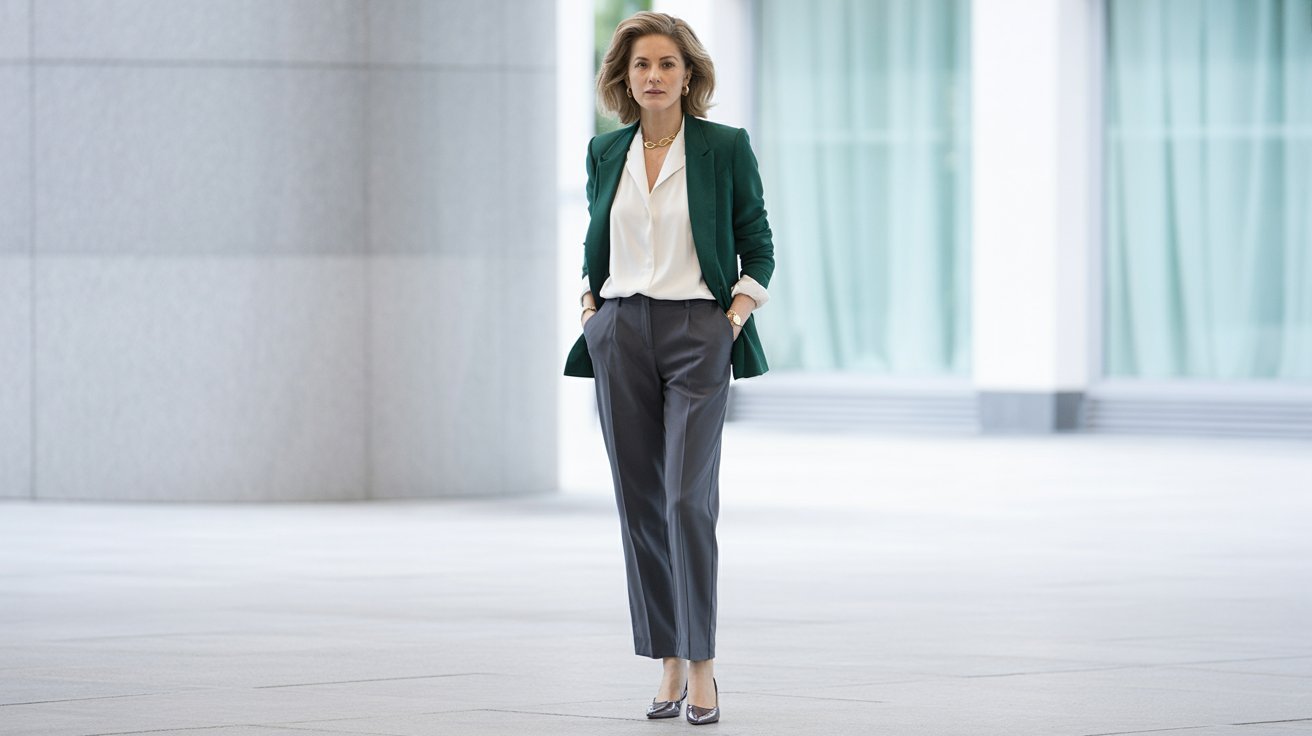 A confident woman in business attire, wearing a green blazer, white blouse, and gray trousers, stands in a modern building with hands in pockets.