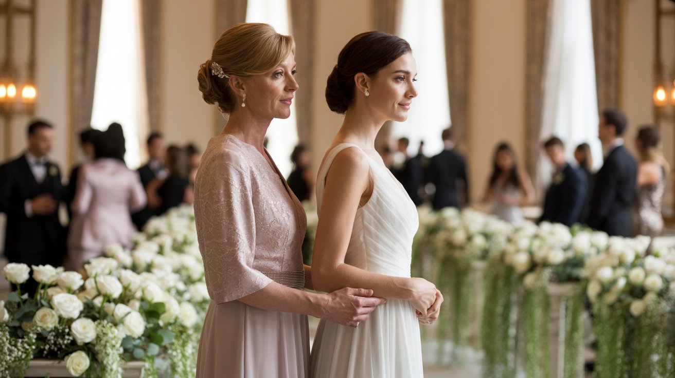 A bride and an older woman stand together in a wedding venue adorned with white roses. The atmosphere is elegant and serene, showing guests in the background.