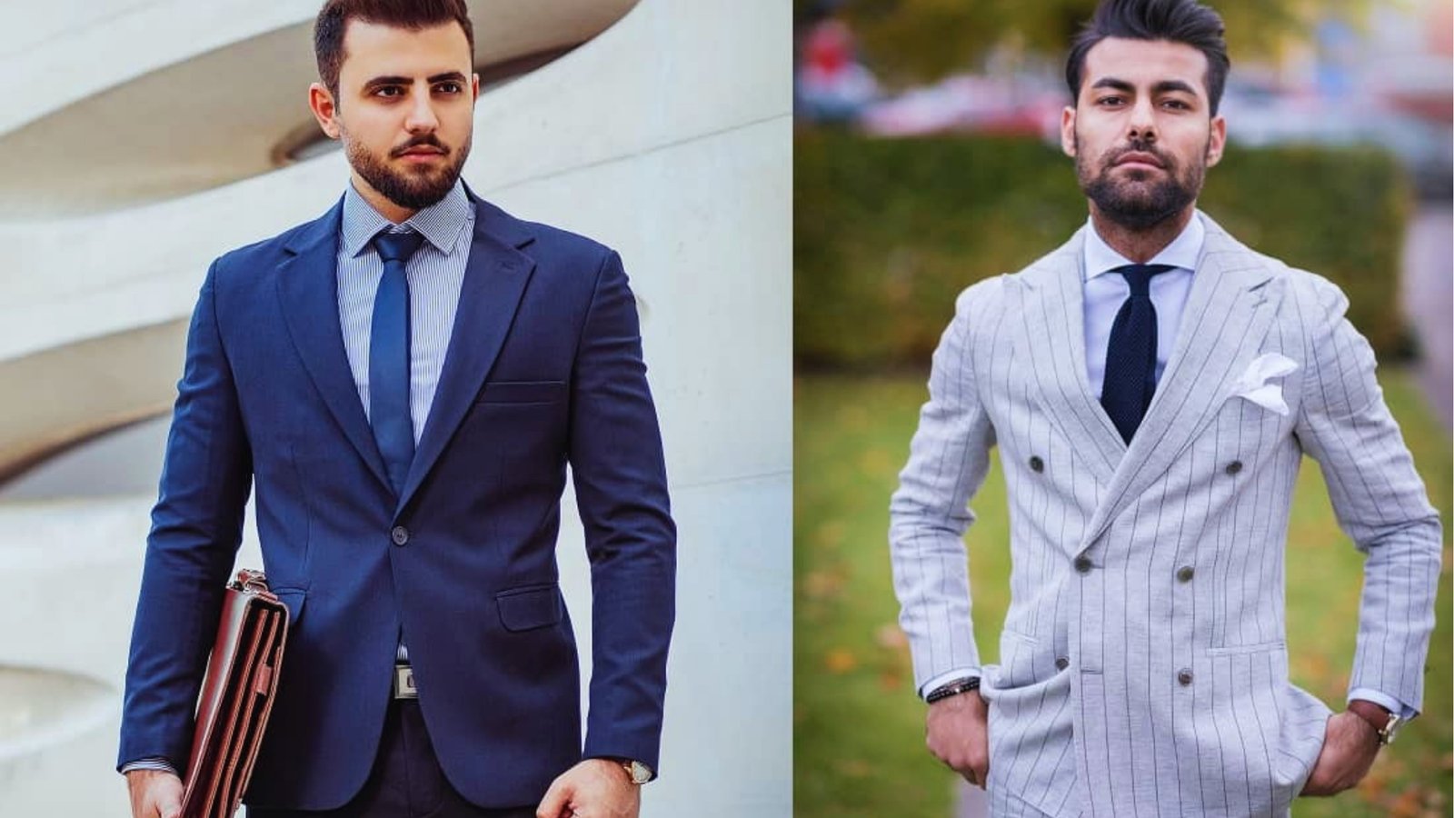 Two men in stylish suits exude confidence. The left man wears a navy suit; the right man dons a light gray pinstripe suit. Both appear professional and composed.