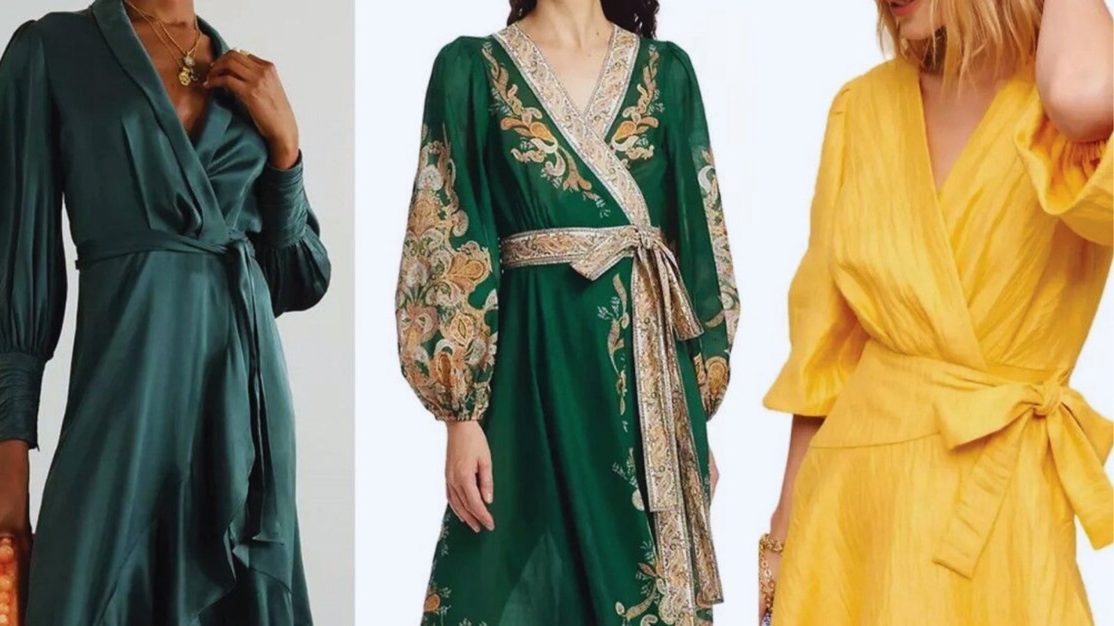 Three elegant wrap dresses are displayed: a teal dress with subtle sheen, a green dress with intricate gold patterns, and a bright yellow dress.