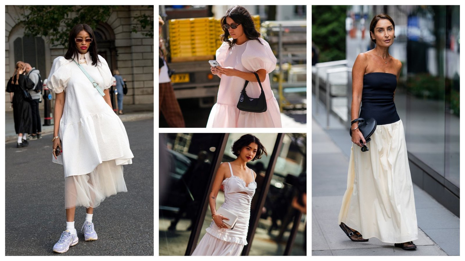 Collage of women in stylish urban settings wearing flowy, layered outfits in neutral tones. They hold bags and exude confidence and elegance.