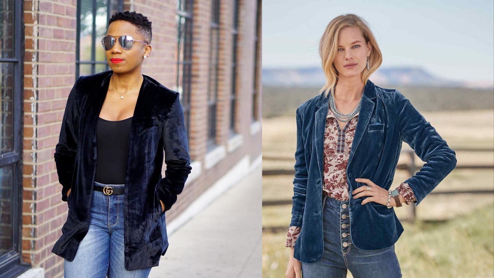Two women wear stylish velvet blazers with jeans. The left woman, in sunglasses, stands confidently against a brick wall. The right woman, in a patterned blouse, poses in an outdoor setting. Both exude a chic, modern vibe.