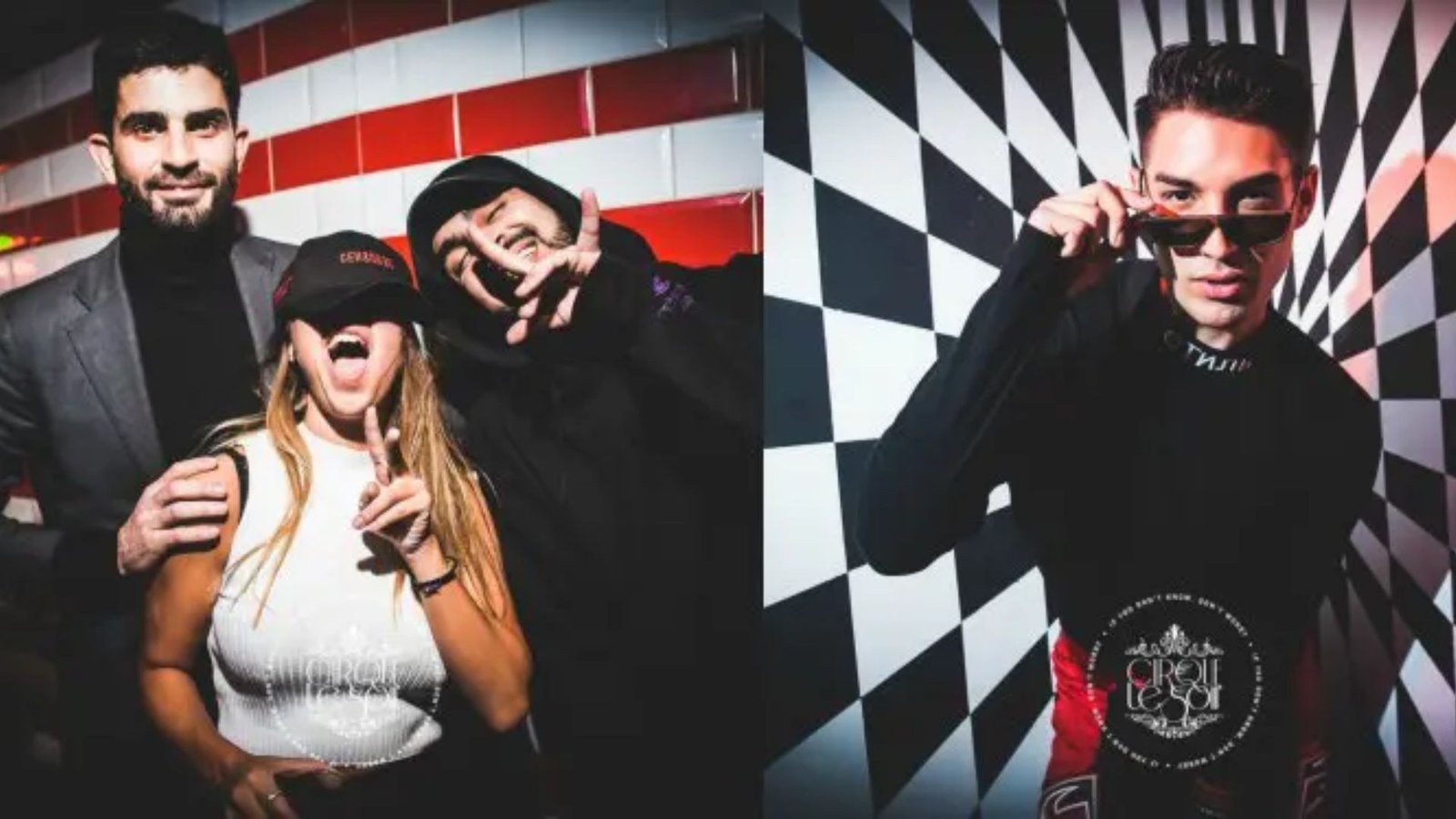 A group of three friends poses playfully with peace signs in a vibrant setting on the left, while a person in sunglasses stands confidently on the right against a dramatic geometric backdrop.
