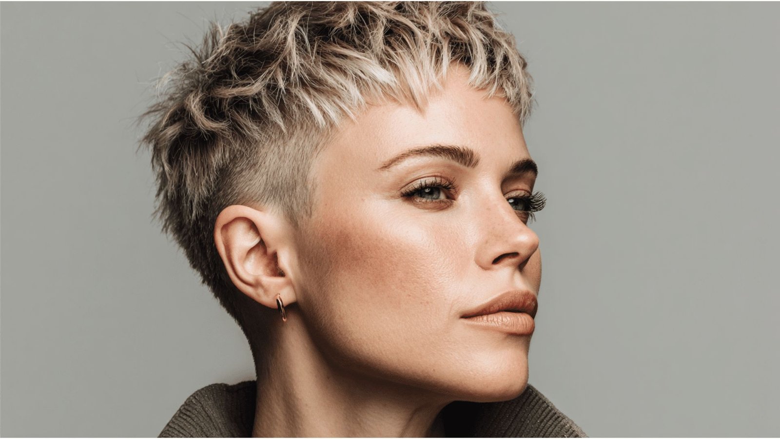 Side profile of a woman with a textured platinum pixie undercut. Short choppy layers on top with closely shaved sides and nape for an edgy contrast.