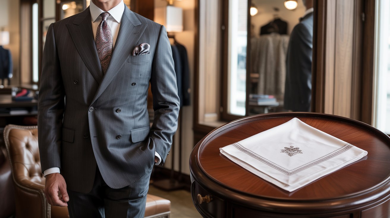 A man in a tailored gray double-breasted suit stands confidently in a luxury boutique. A white handkerchief is neatly displayed on a nearby wooden table.