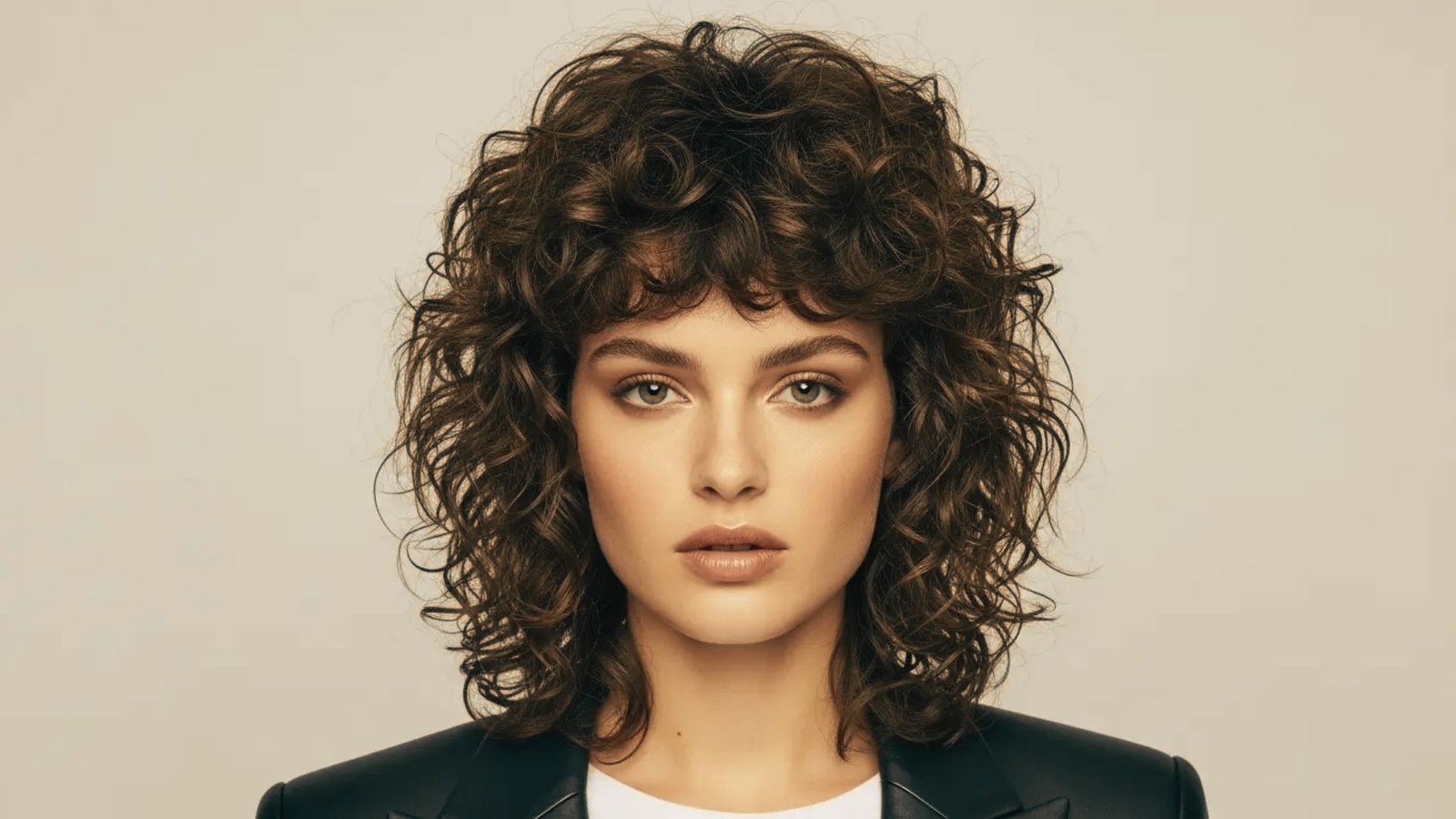 A woman with a curly mullet haircut wearing a black jacket, looking confidently at the camera.
