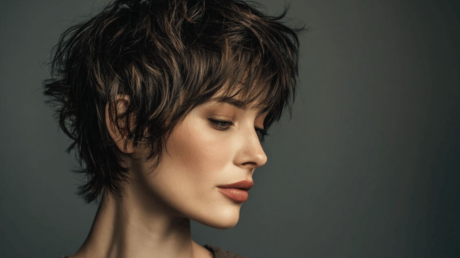A woman with short shaggy hair and fringe, dressed in a brown shirt, poses with a relaxed expression