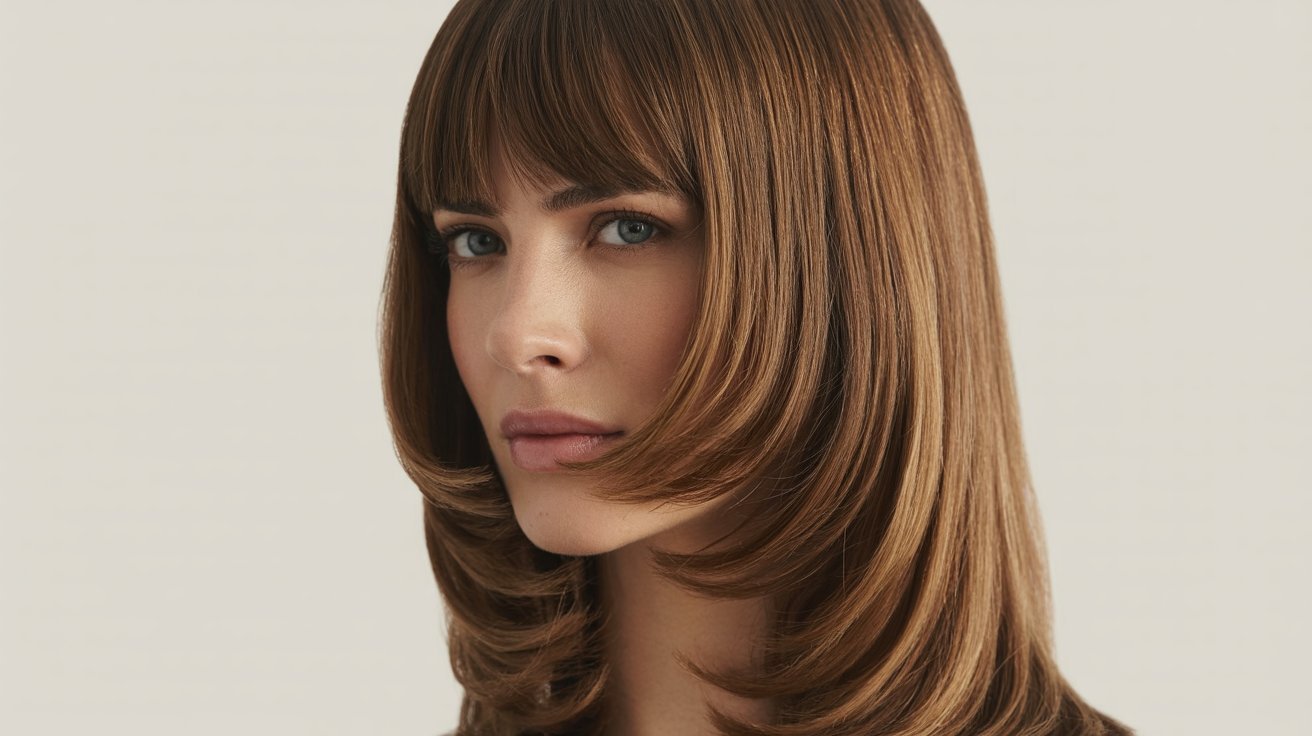 A woman with long, straight hair styled in a layered bob featuring curtain bangs and added volume at the crown.

