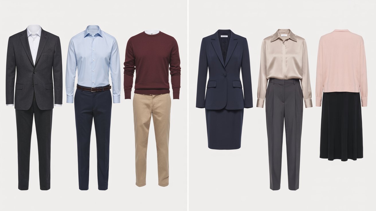 Examples of simple court outfits for men and women in neutral colors
