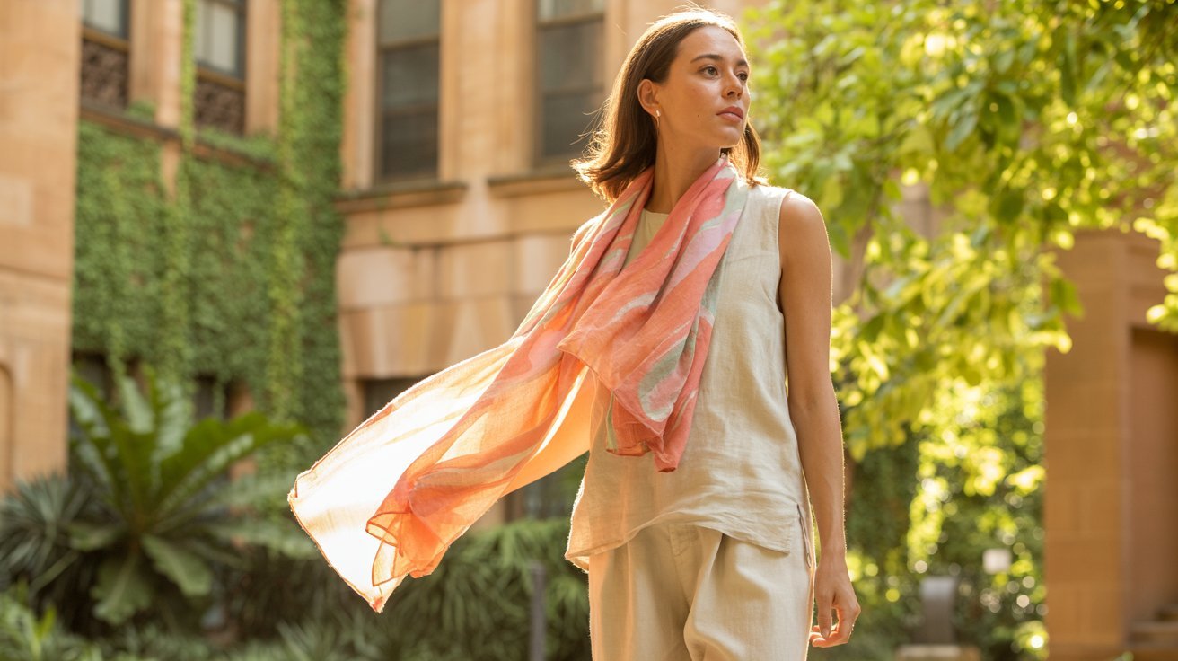 A woman in a light linen outfit and a flowing pink scarf stands in a sunlit courtyard, surrounded by lush greenery and ivy-covered buildings.