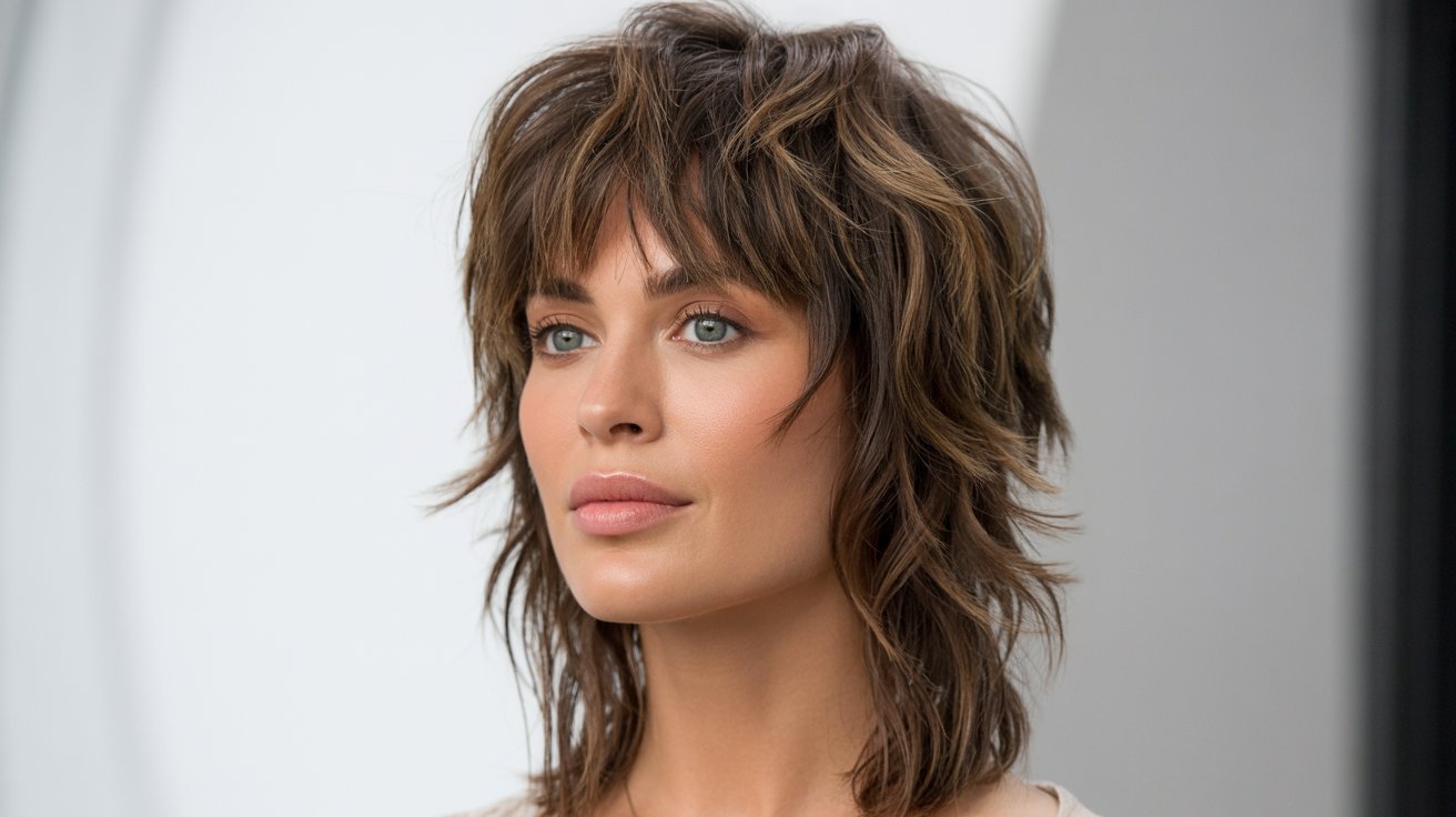 A woman with a short, wavy haircut featuring a messy textured fringe.
