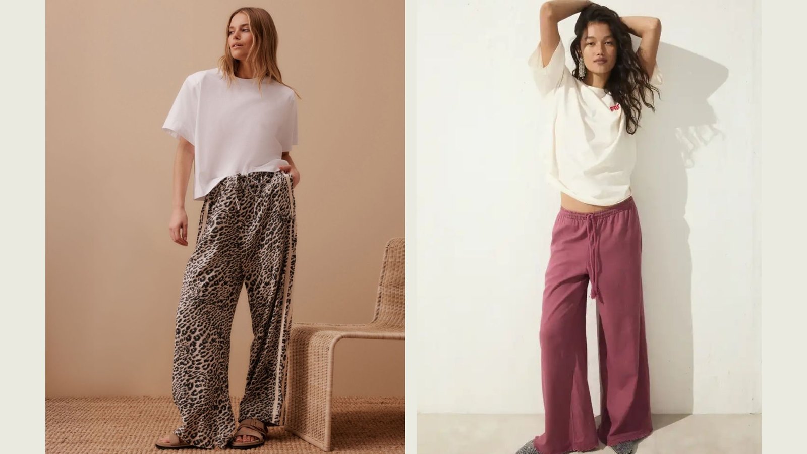 Split image of two women in comfortable stay at home outfits. One wears a white tee with leopard print lounge pants, the other pairs a white tee with mauve drawstring pants. 
