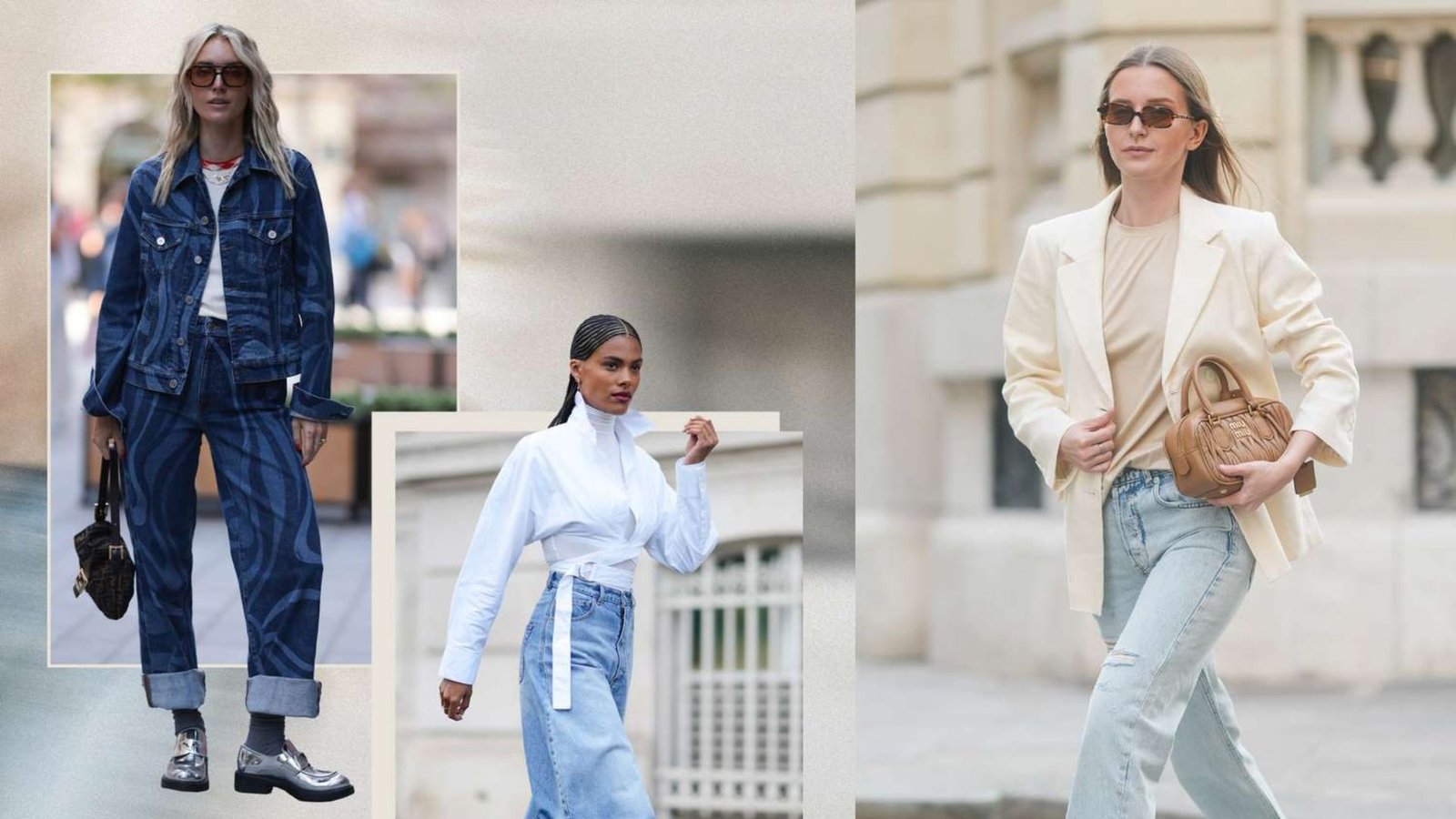 Three women in 90s mom denim looks: patterned denim set, wrap-front shirt with wide jeans, and cream blazer. Effortless street style with loafers, sneakers, and mini bags.