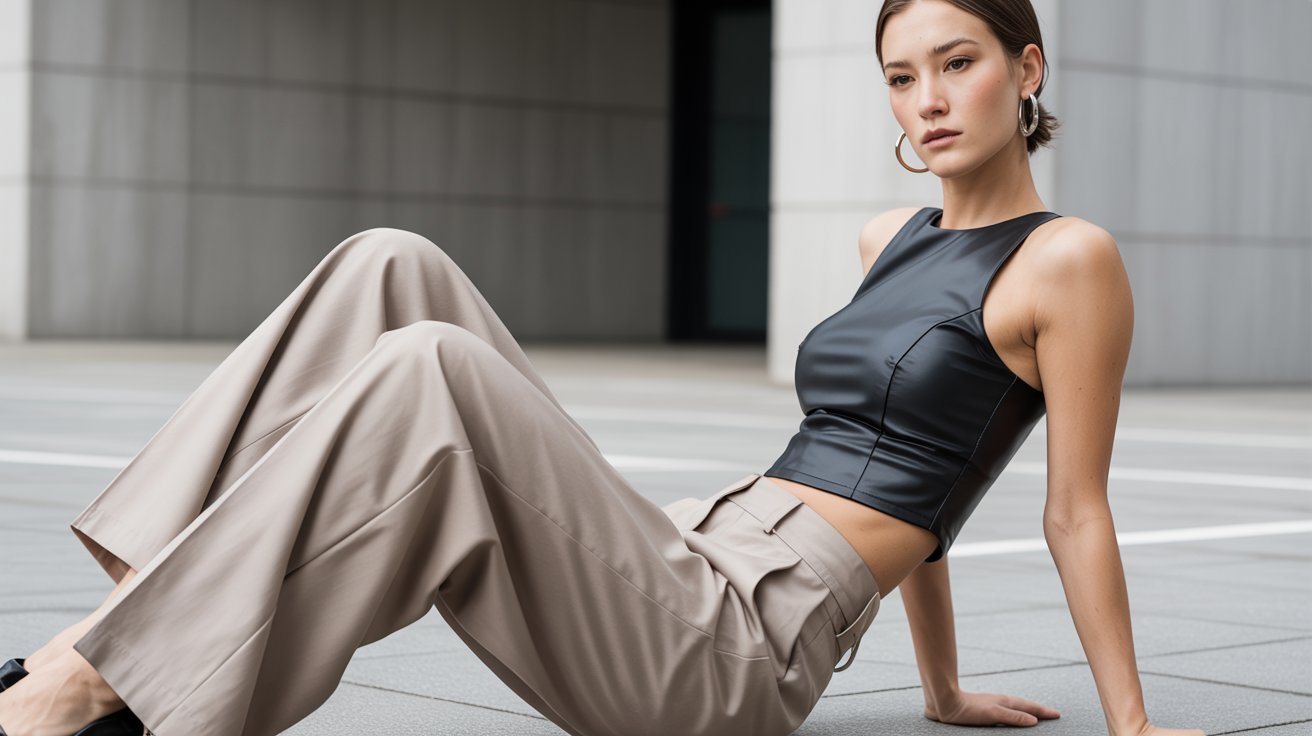 A woman wearing a fitted black top and baggy tan pants, showcasing a modern K-fashion silhouette.