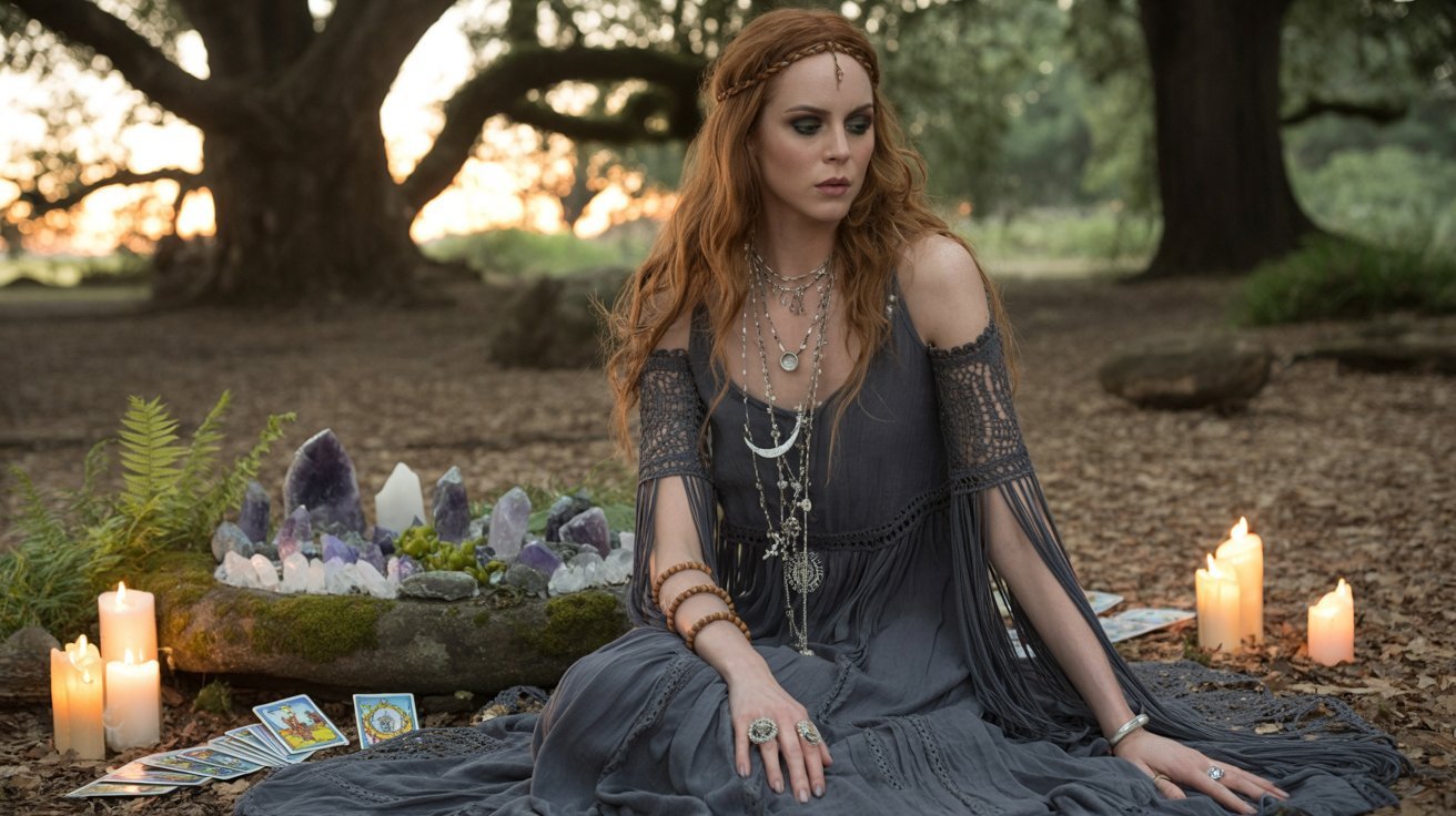 A woman in a flowy dress sits on the ground surrounded by candles and crystals, embodying a boho goth aesthetic.
