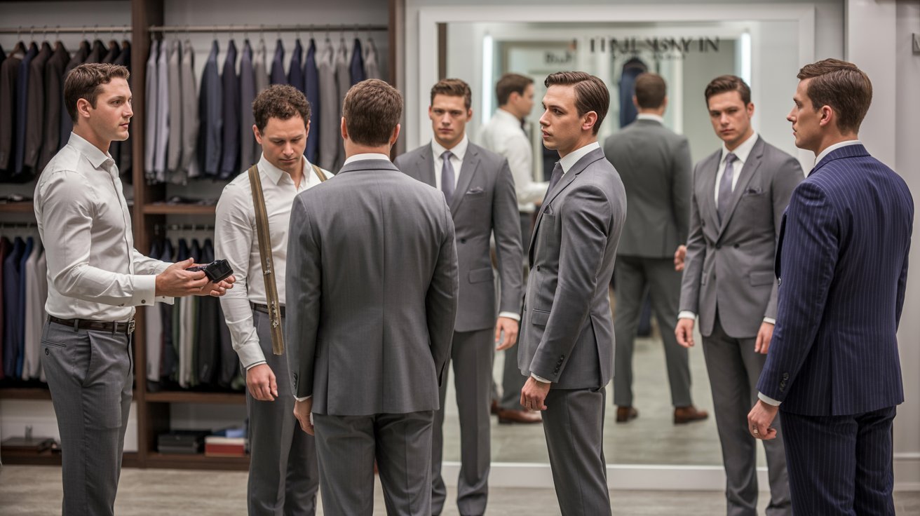 A group of six men in a suit shop, all wearing tailored suits. They are focused, with two men adjusting a jacket on another. The atmosphere is professional.