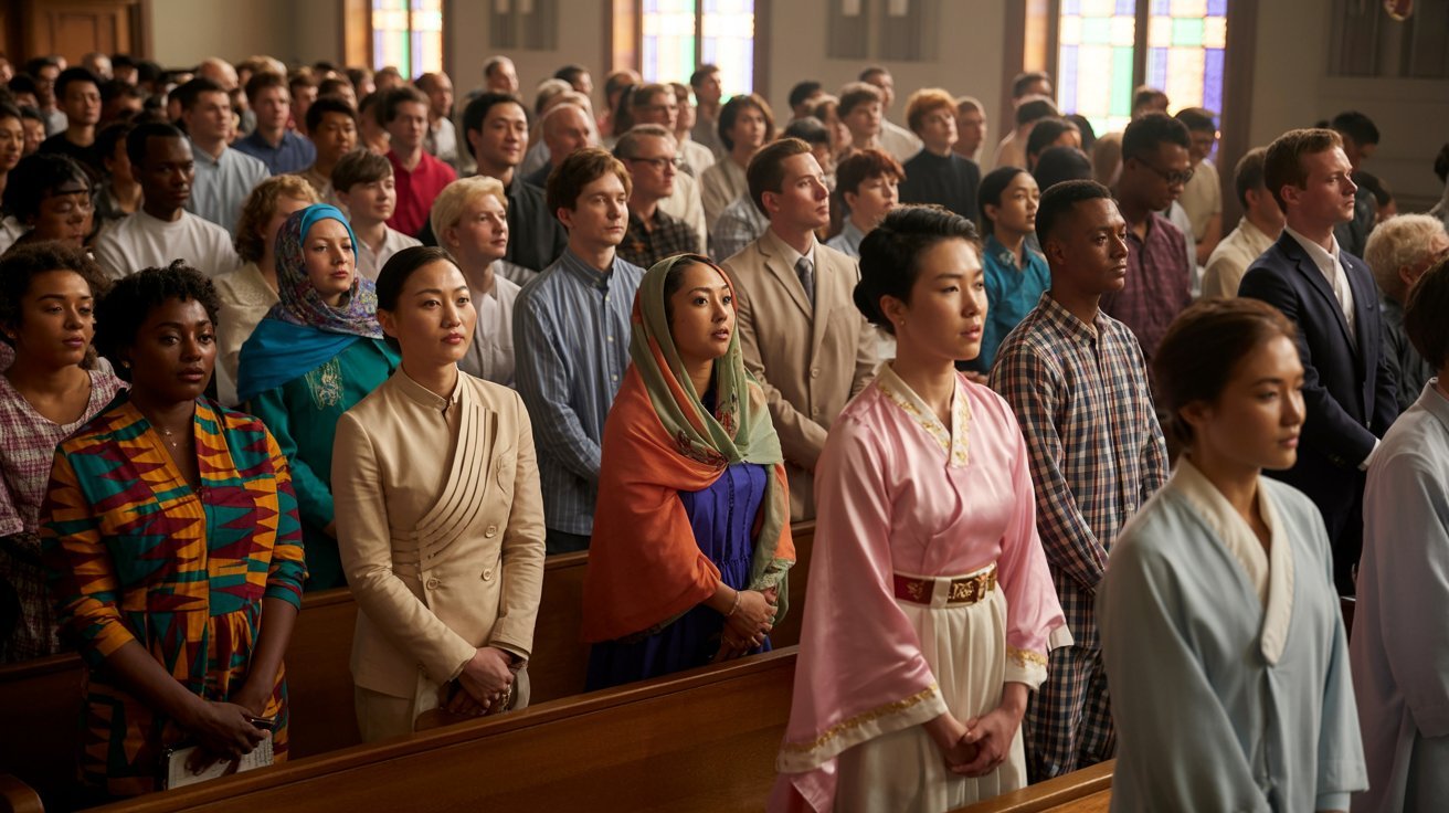 Diverse cultural clothing styles worn by people attending church
