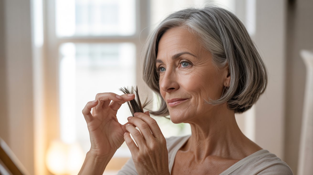 Older woman with short hair reflecting on hair growth
