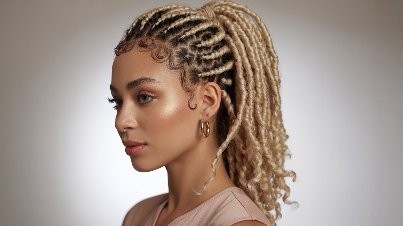 A woman with long blonde hair styled in a braided ponytail, showcasing a trendy faux locs ponytail.