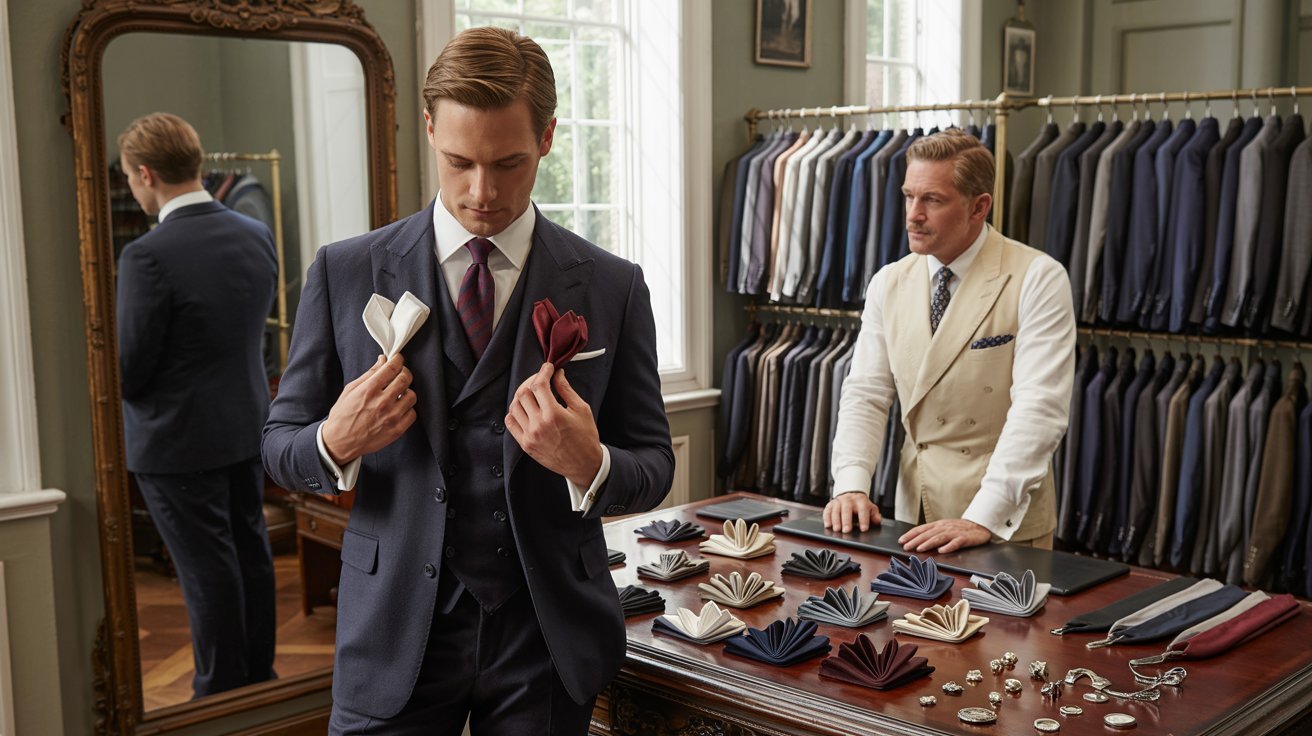 A man in a dark suit selects pocket squares in a tailor shop, with a suited tailor observing. The shop is elegantly arranged with suits and accessories on display, evoking a sense of sophistication.