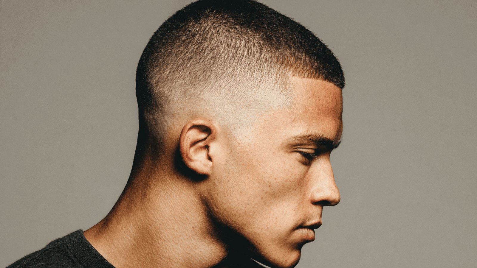 A man with a shaved head wearing a black shirt, showcasing a buzz cut disconnected undercut fade hairstyle.
