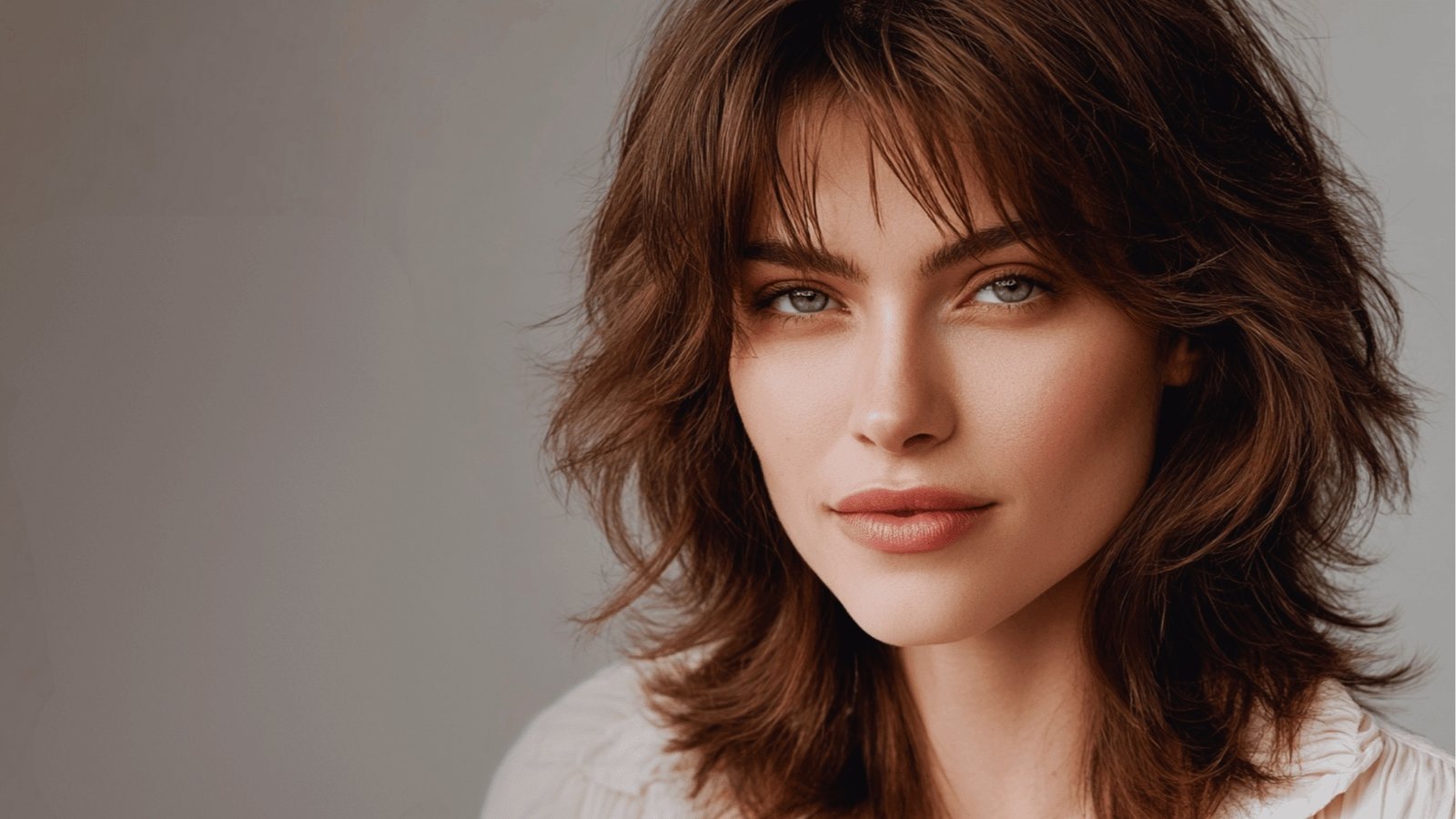 Textured shoulder length shag haircut with wispy bangs and choppy layers on wavy brunette hair