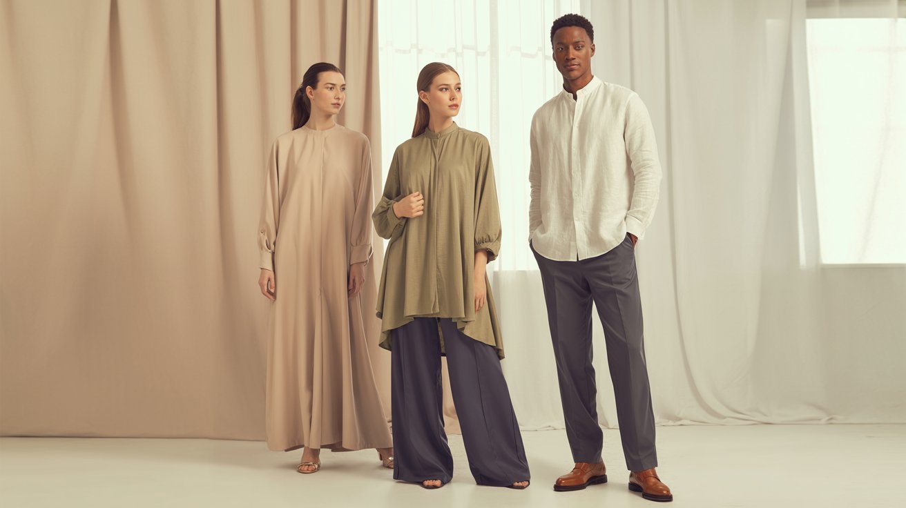 Three people pose in a minimalist, neutral-toned room. Two women wear flowing beige and olive outfits, while a man wears a white shirt with gray pants, exuding elegance.