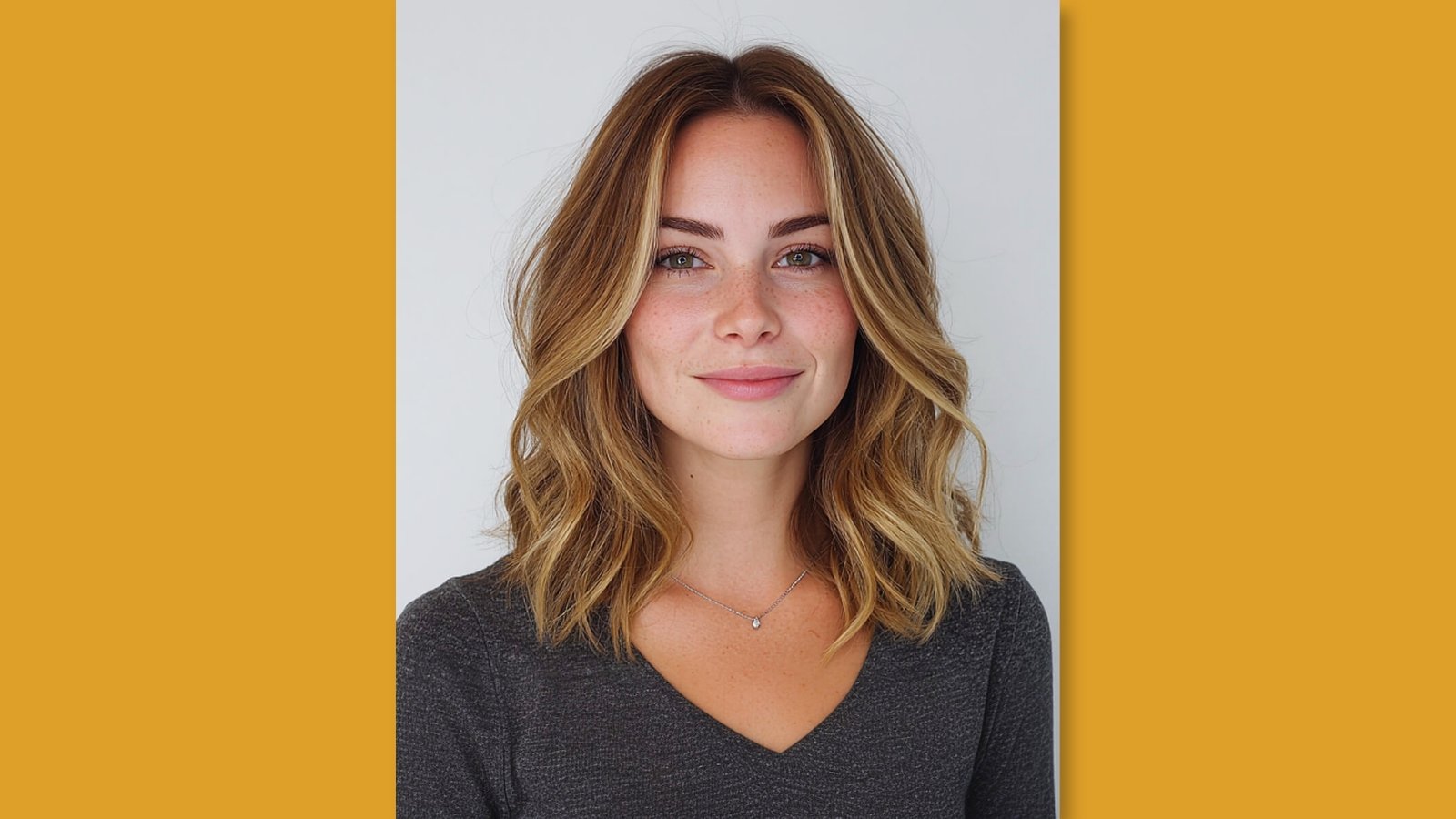 Wavy layered medium length hairstyle with wispy curtain bangs and volume on blonde hair for round face

