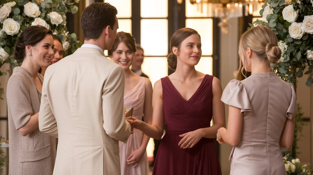 A group of well-dressed people engage in joyful conversation at a formal event. Elegant floral arrangements decorate the background, creating a festive atmosphere.