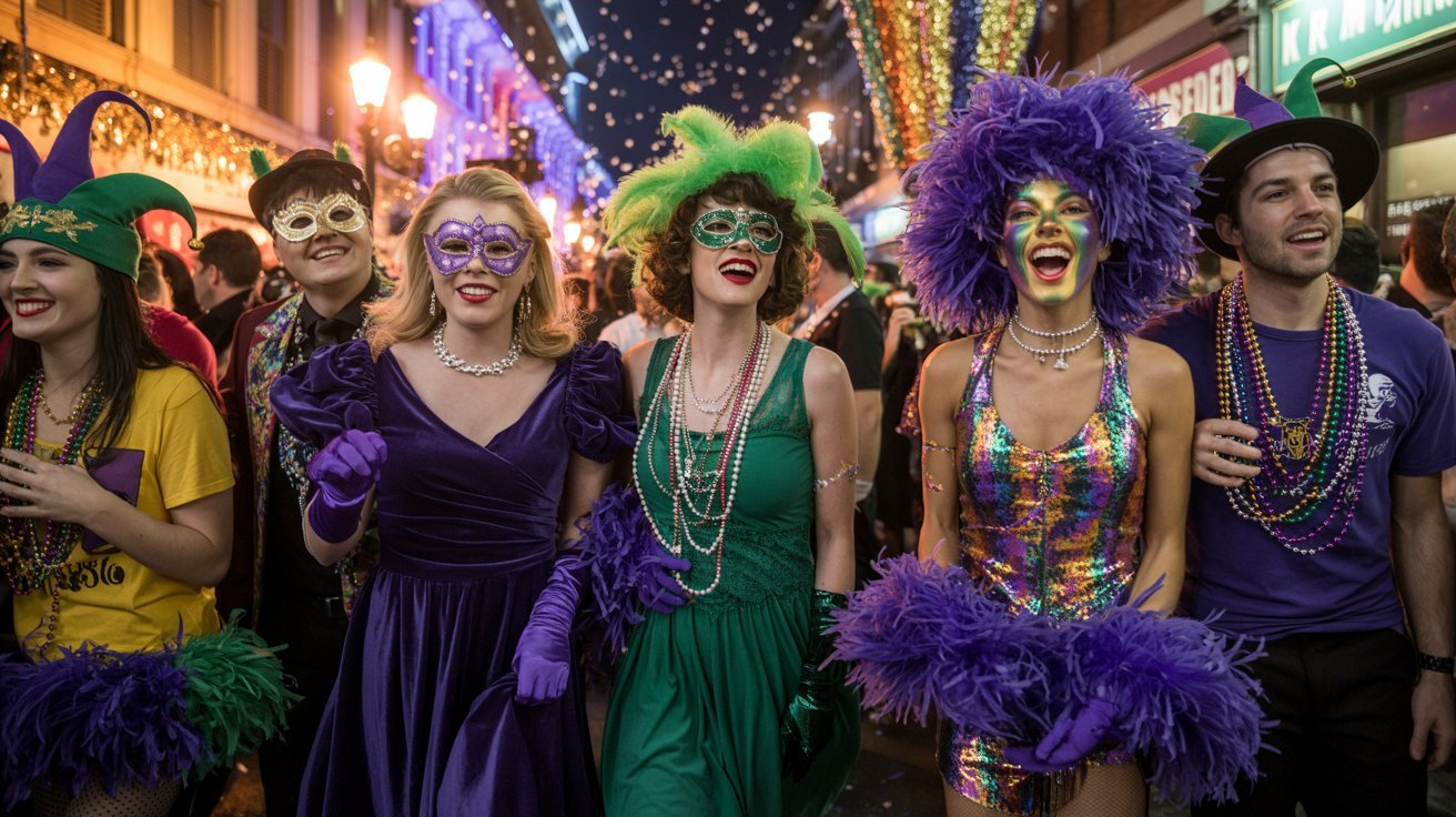 A joyful Mardi Gras crowd parades in colorful costumes and masks. Lively atmosphere with confetti in the air, beads, and vibrant street lights.